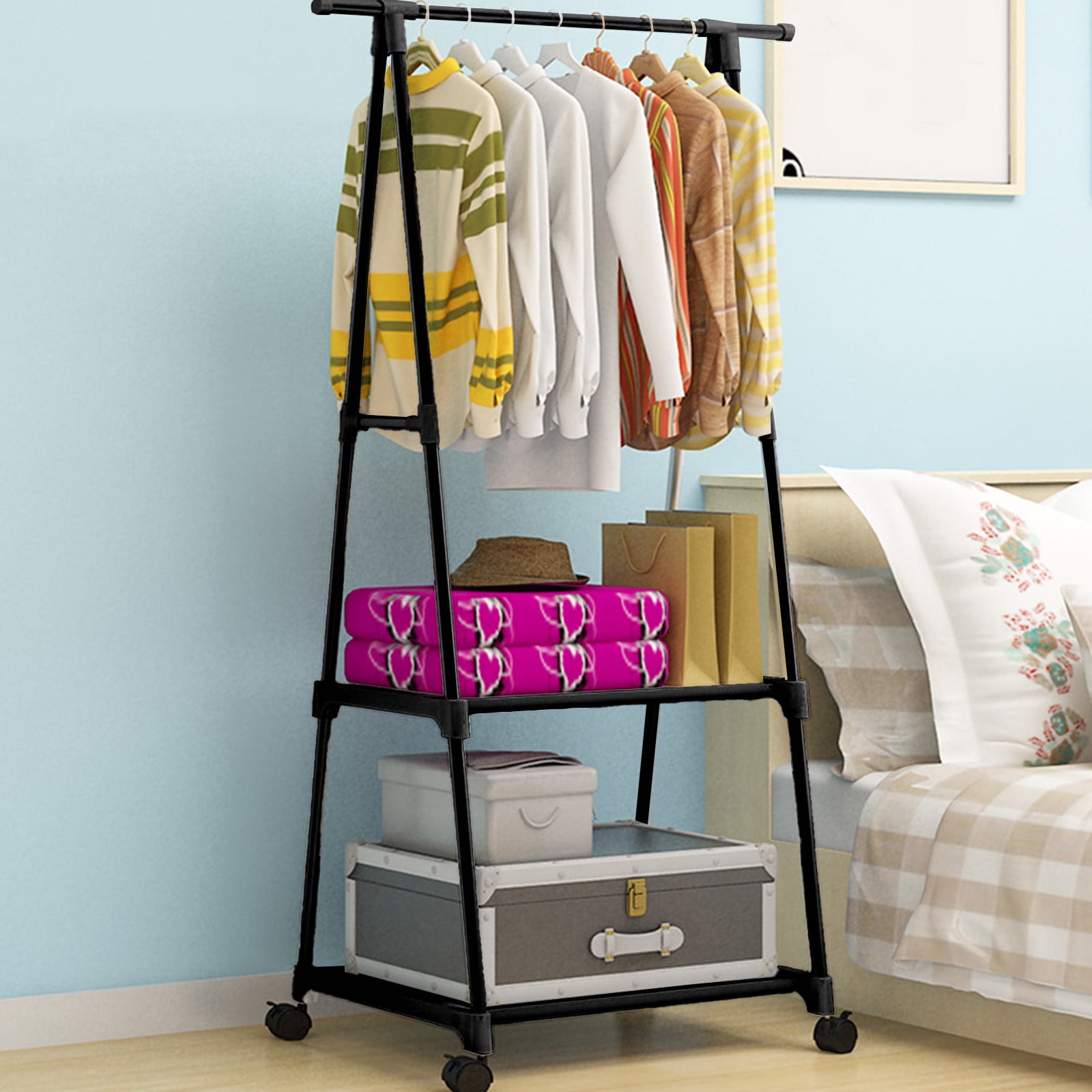 Freestanding Corner Coat Rack with 2 Shelves & Hooks, Space-Saving