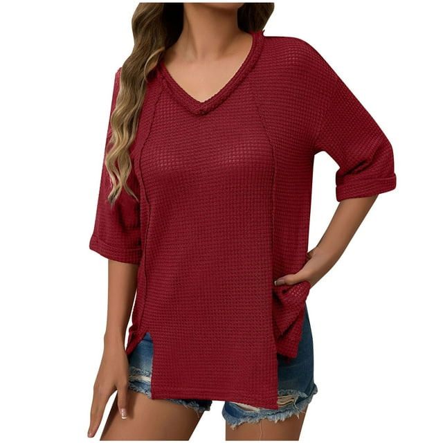 Timegard Blouse pour Femmes Habillée Décontractée Col en V Fente Latérale Manches 1/2 Chemises Amples Confortables Haut Été
