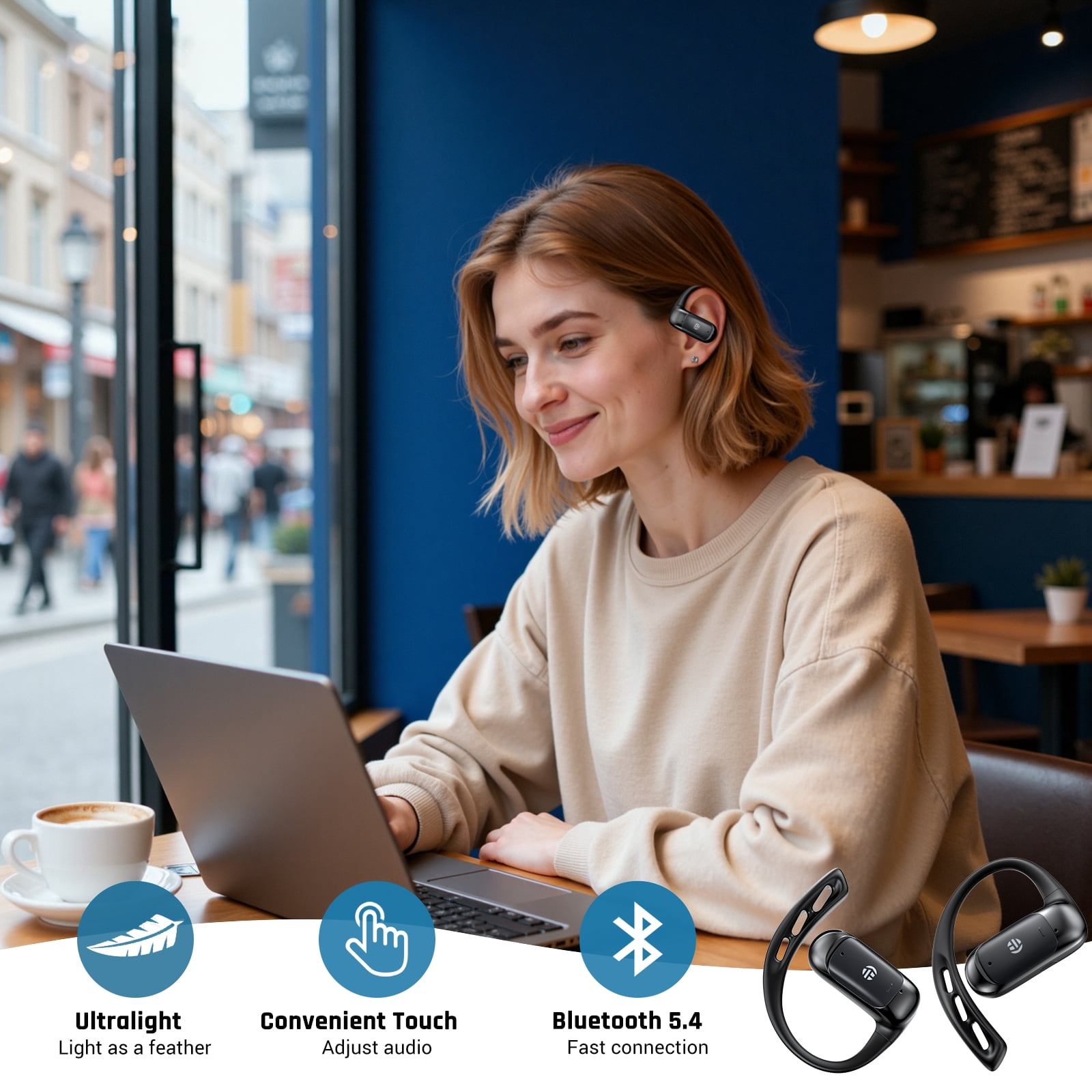 TOPVISION Wireless Earbuds, Bluetooth 5.4 Earbuds with Clear Call Mic, Open-Ear Earbuds with Dual EQ Sound Modes, 64H Playtime, Ultra-Lightweight, Open-Ear Headphones for Running, Workout, Gym