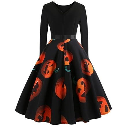 - Womens Dresses Clothing, Round Neck Vintage Printing Long Sleeve Flare Dress Women Gift