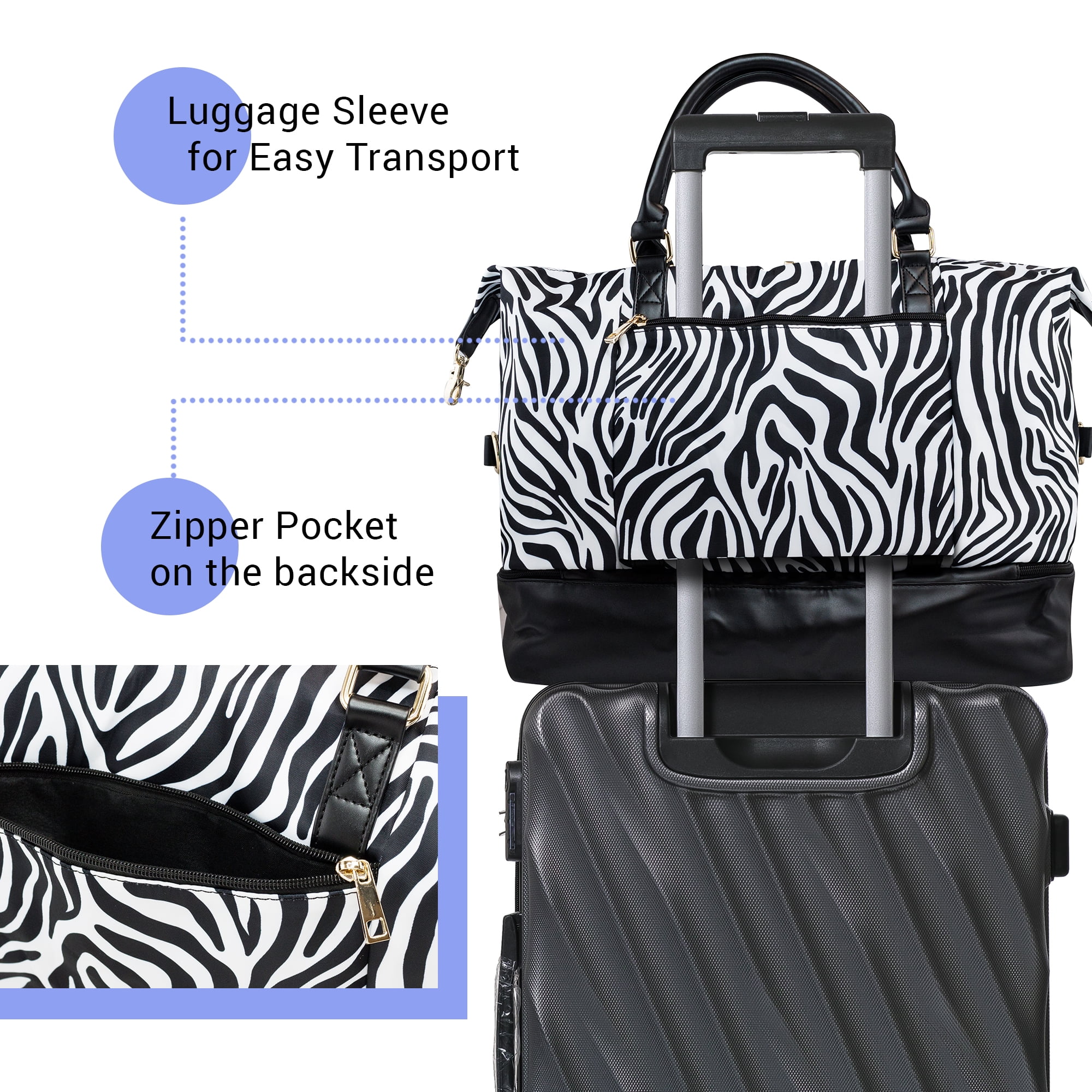 Weekender Bag Travel Duffle for Women Men Overnight Carry On Tote with Shoe Compartment and Luggage Sleeve- Zebra
