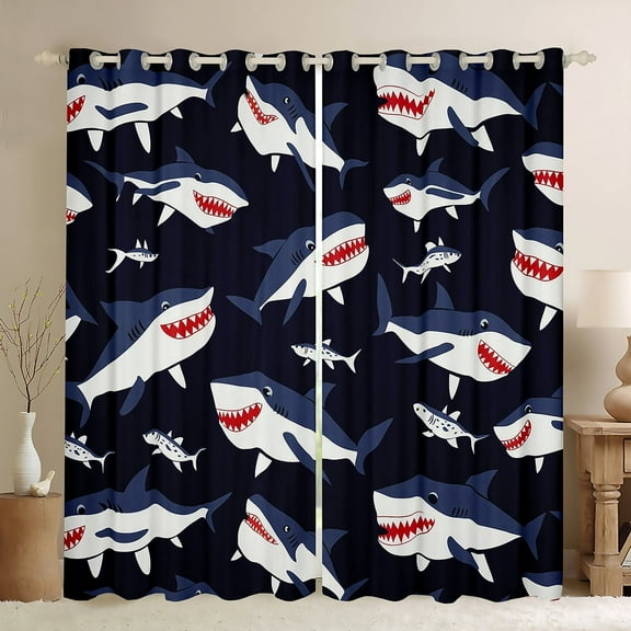 Erosebridal Funny Shark Curtains for Living Room, Kawaii Sealife 30%-50% Blackout Curtains Set of 2 (38x45), Cartoon Ocean Curtains Pack of 2, Window Drapes Bedroom Decor