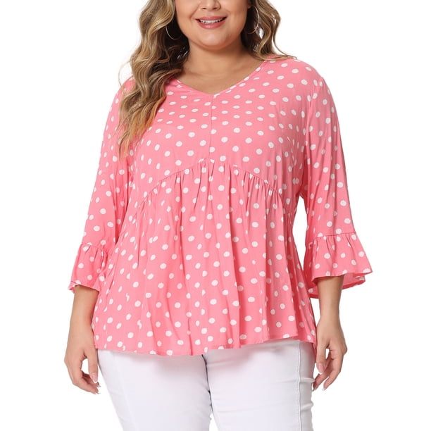 GRACE & GRANDEUR Blusas de mujer de talla grande con mangas 3/4, cuello en V, dobladillo peplum, lunares, estilo babydoll, 3X, blanco y marrón