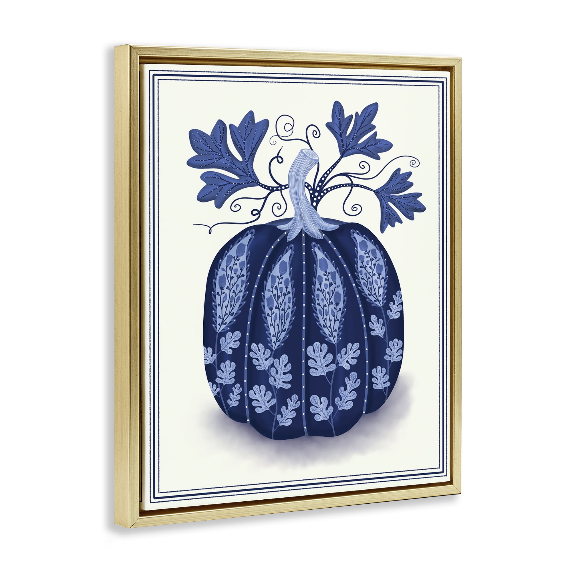 Stupell Industries Folk Pattern Fall Pumpkin Plants & Flowers Painting Gold Floater Framed Canvas Art Print Wall Art, 25 x 31
