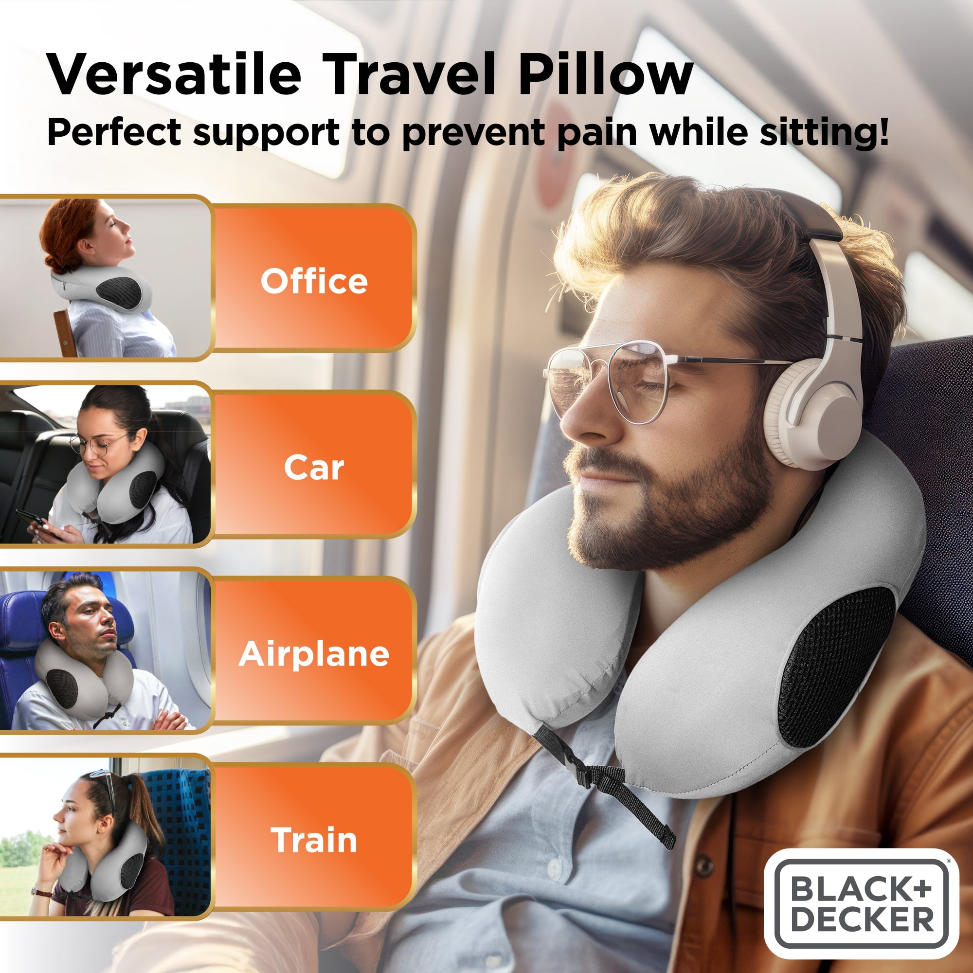 BLACK+DECKER Memory Foam Travel Pillow, Ergonomic Cervical Neck Pillow, Gray