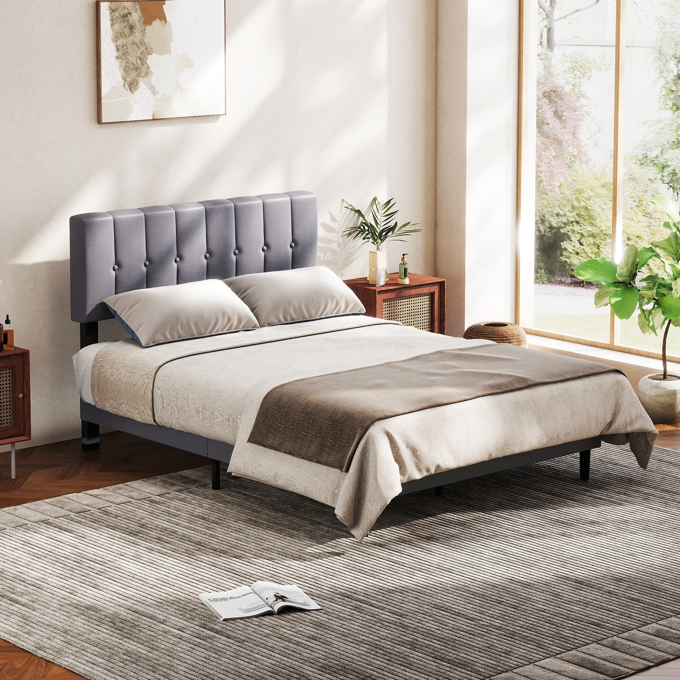EDX Full Size Platform Bed Frame, Fully Upholstered Mattress Foundationwith Fabric Upholstered Headboard and Wooden Slats Support, No Box Spring Needed, Grey