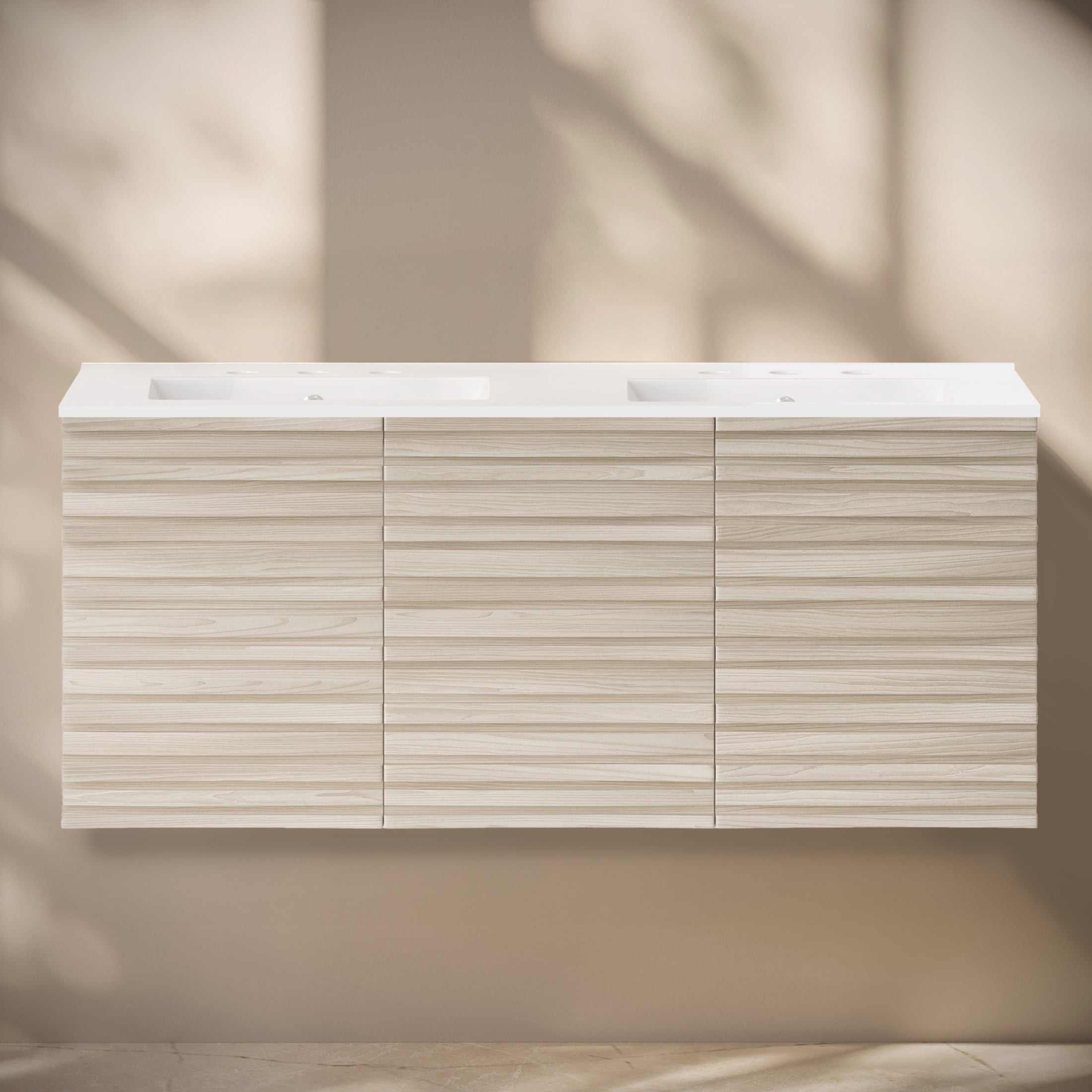 Cascade 48" Wall-Mounted Bathroom Vanity in White Oak with 3-Hole Widespread Double Basin Sink Top