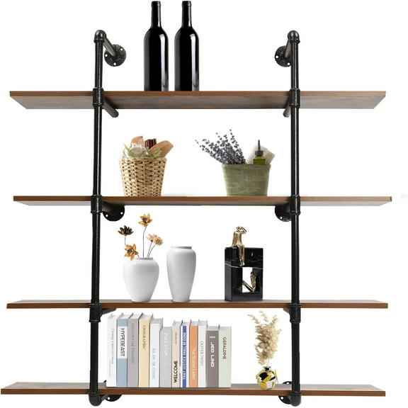 Rustic Metal Floating Shelves，Industrial Pipe Shelving Wall Mounted，Steampunk Real Wood Book Shelves, Hanging Wall Shelf Unit Bookshelf，Farmhouse Kitchen Bar Shelving 4 Tier