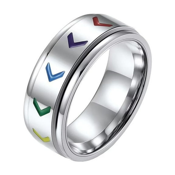 PAMTIER 8MM Unisex Stainless Steel Gays and LGBT Pride Arrow Shaped Rainbow Flag Rotatable Fidget Ring Anxiety Wedding Band Silver Size 7