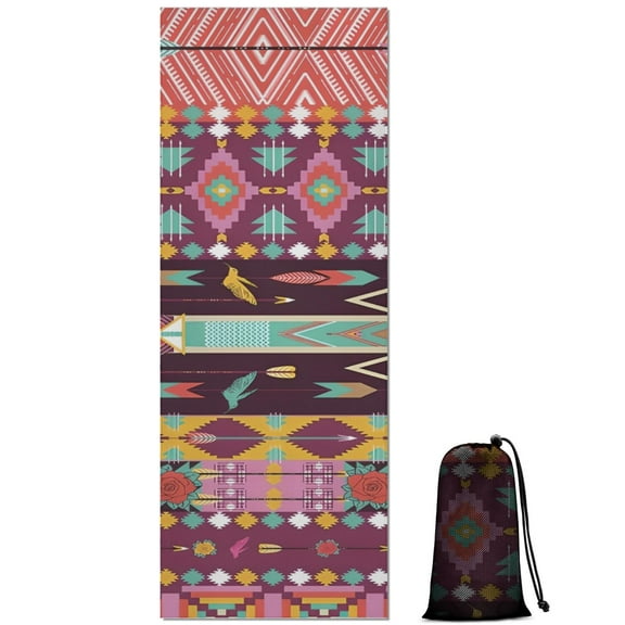 Ethnic Figure and Pattern Hot Yoga Mat Towel Non Slip for Hot Yoga - Quick-Drying Yoga Mat Cover with 4 Corner Pockets with Travel Bag - Hot Yoga Towel Non Slip Grip Moisture Wicking Sweat 70"x26"