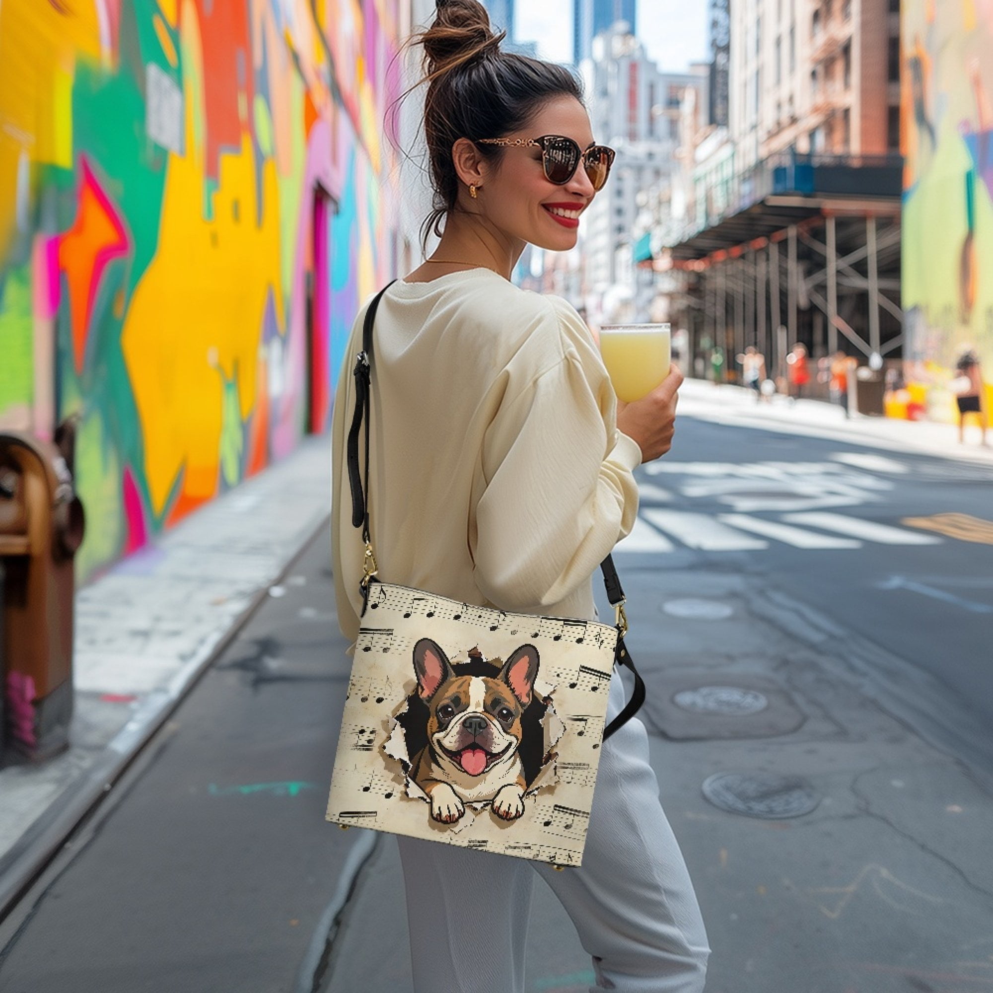 Kuiaobaty French Bulldog Print Crossbody Bag for Women, Musical Note Print Shoulder Handbag Crossbody with Adjustable Strap, Waterproof Leather Bucket Tote Bag for Travel, Beige