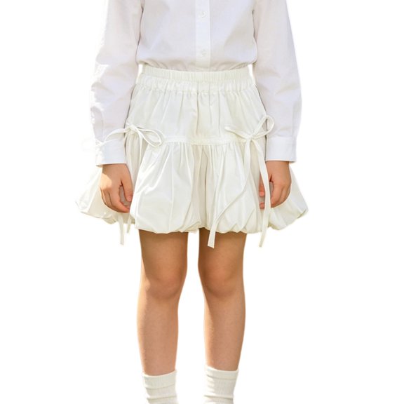 CPNG Girls Sweet Bubble Skirt Elastic High Waist Solid Color A Line Skirts with Bow Decor Cute Bow Tie Lightweight Casual Skirts(White,4-5 Years)