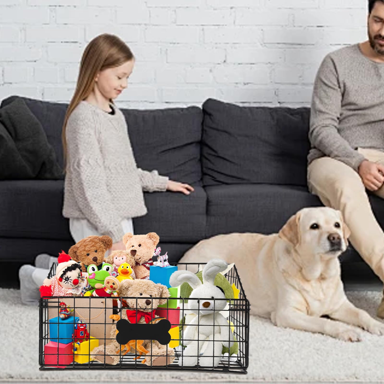 Black Metal Dog Storage Basket For Pet Toys, Food And Living Room Organization