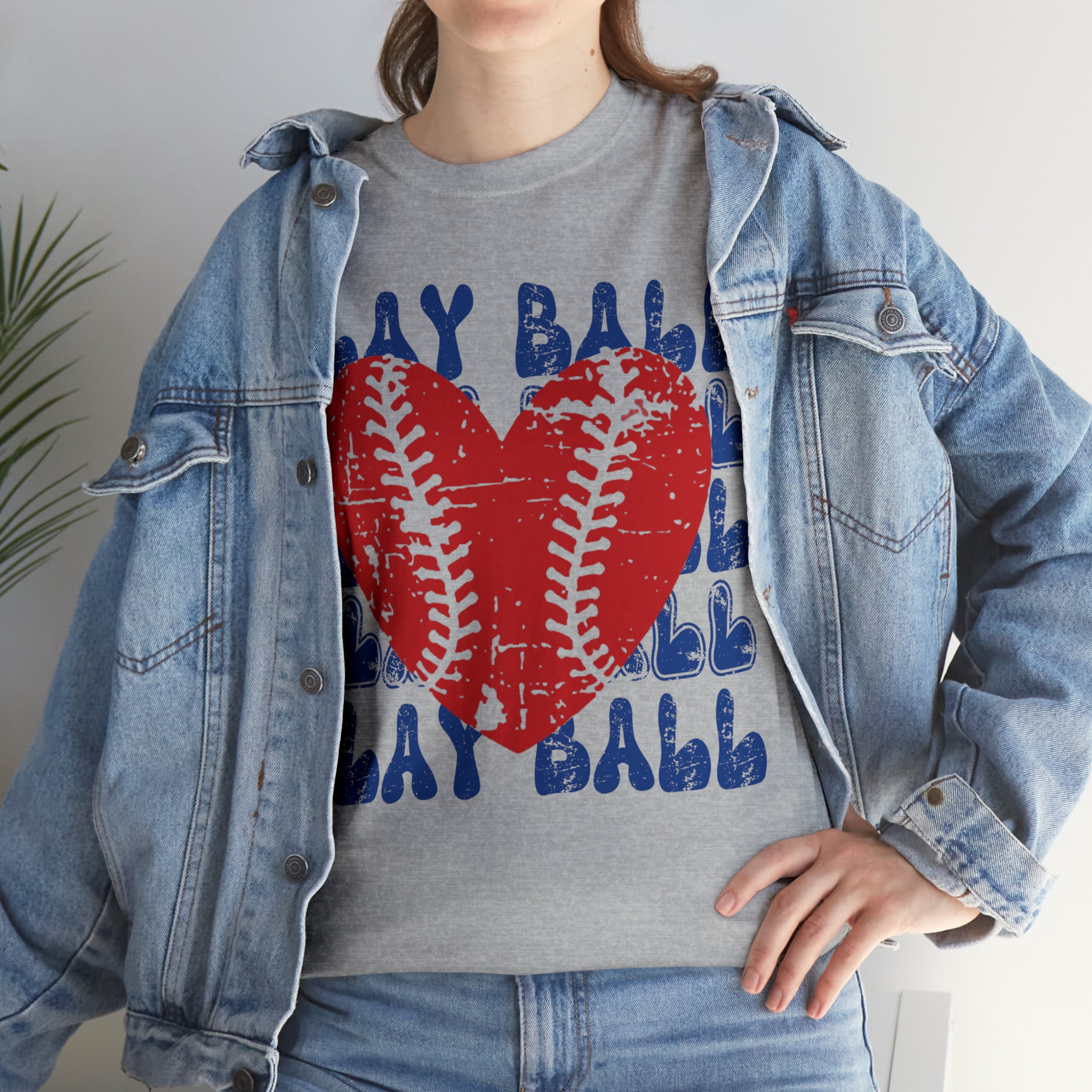 Vintage Play Ball Retro Heart Baseball T-Shirt Women's Unisex Graphic Tee Sport Grey Large