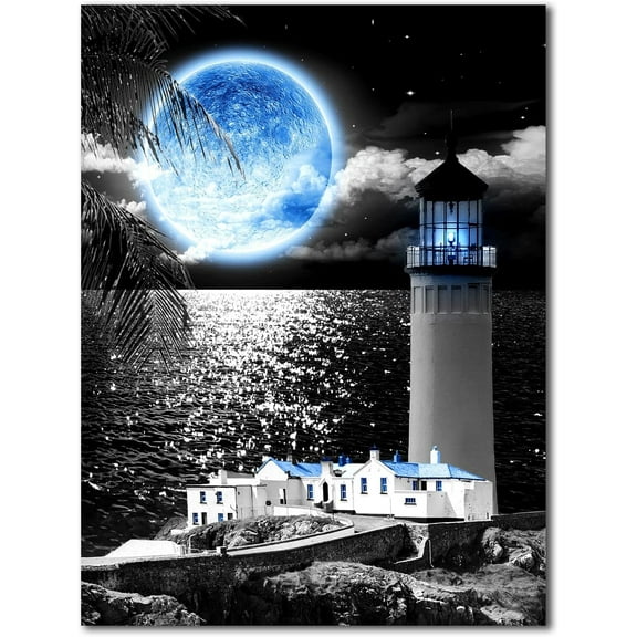 Coast Lighthouse Canvas Wall Art: Blue Moon Wall Decor - Black White Decoration for Home Office, Serene Sea Poster Vintage Decorative Framed Print Ready to Hang in Living Room Bedroom 12"x15"