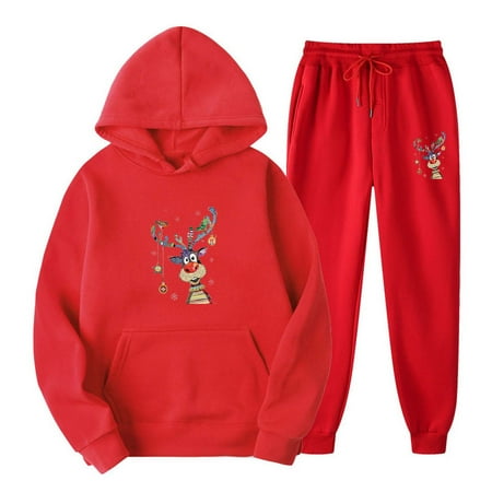 

Tejiojio Kids Clothing Holiday Gift Unisex Casual Pullover Hooded Sports Suit Christmas Print Long Sleeve Trousers Two-Piece Tracksuit