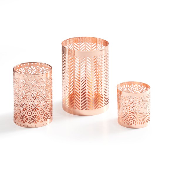 Danya B. Set of 3 Rose Gold Filigree Candle holder Hurricanes, Metal