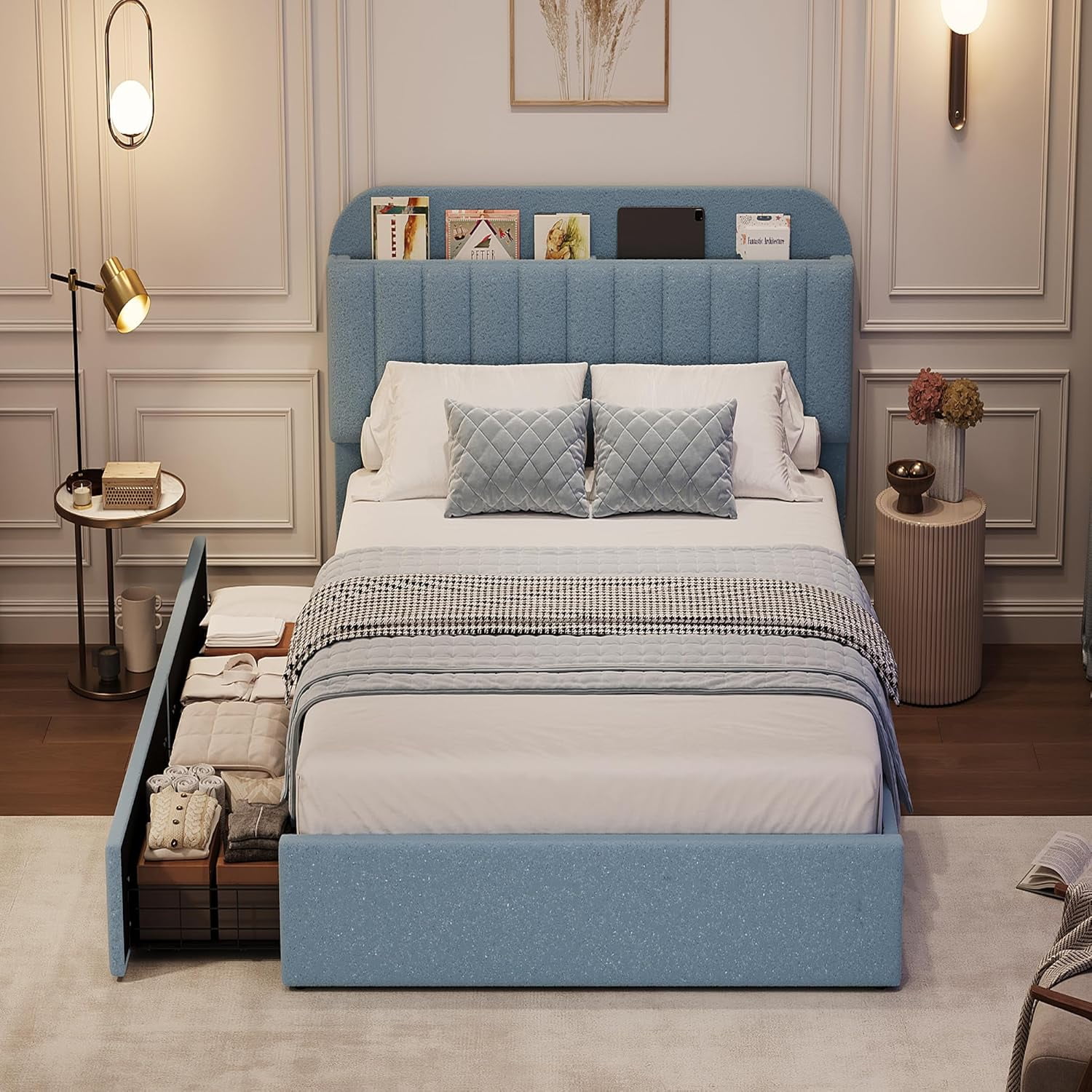 Huisuilinss Twin Size Bed Frame,Full Bed Frame With 2 Drawers,Storage Headboard,Boucle Upholstered Platform Bed Queen With Bookcase,Easy Assembly,No Box Spring Needed
