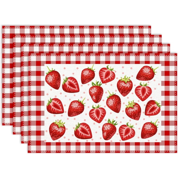 Strawberry Placemat Set of 6, 12x18 Inch Spring Summer Red Buffalo Plaid Strawberry Dot Fruits Farmhouse Coffee Table Mats for Indoor Outdoor Party Kitchen Dining Table Decoration