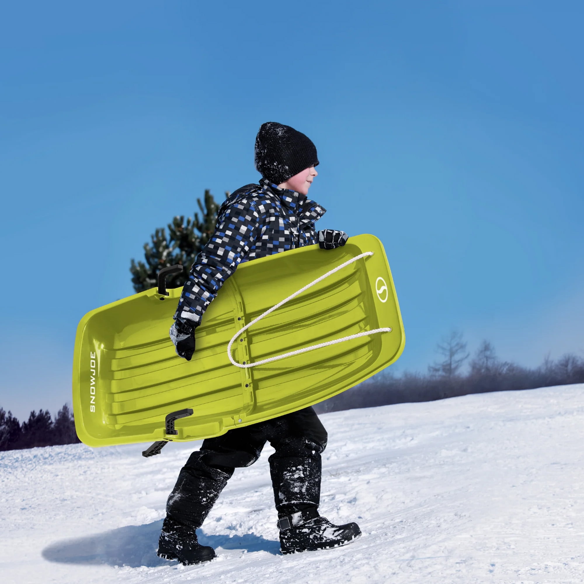 Snow Joe Plastic Snow Sled 34” Toboggan Board with Handles and Rope, Green, SJ-SLD34-GRN
