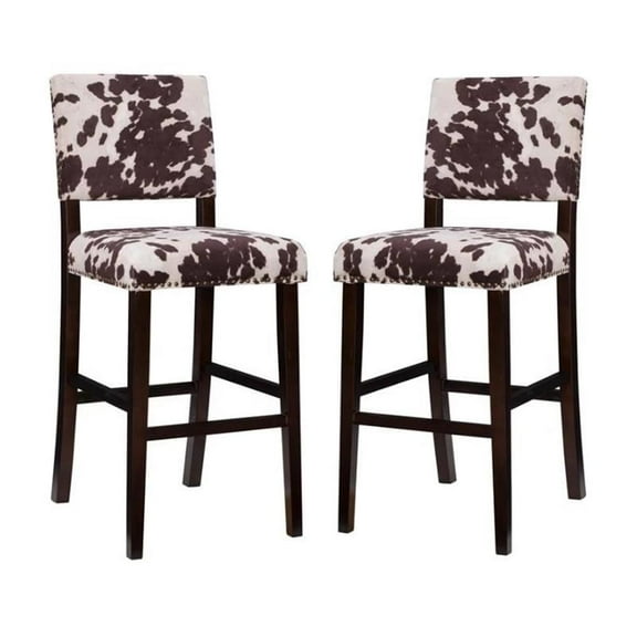 Home Square 2-Piece Furniture 30" Wood Cow Print Bar Stool Set in Brown