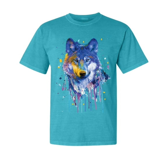 Wild Bobby, Wolf Painting Splatter, Animal Lover, Garment-Dyed Washed Look Short Sleeve T-Shirt, Blue Lagoon, Small