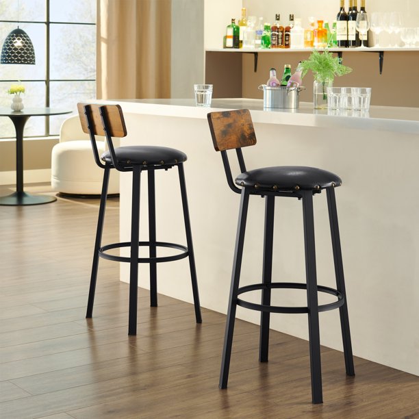 YOUKESI Set of 2 Bar Stools, Upholstered Counter Stools, Bar Chairs with Backrest, Rustic Brown