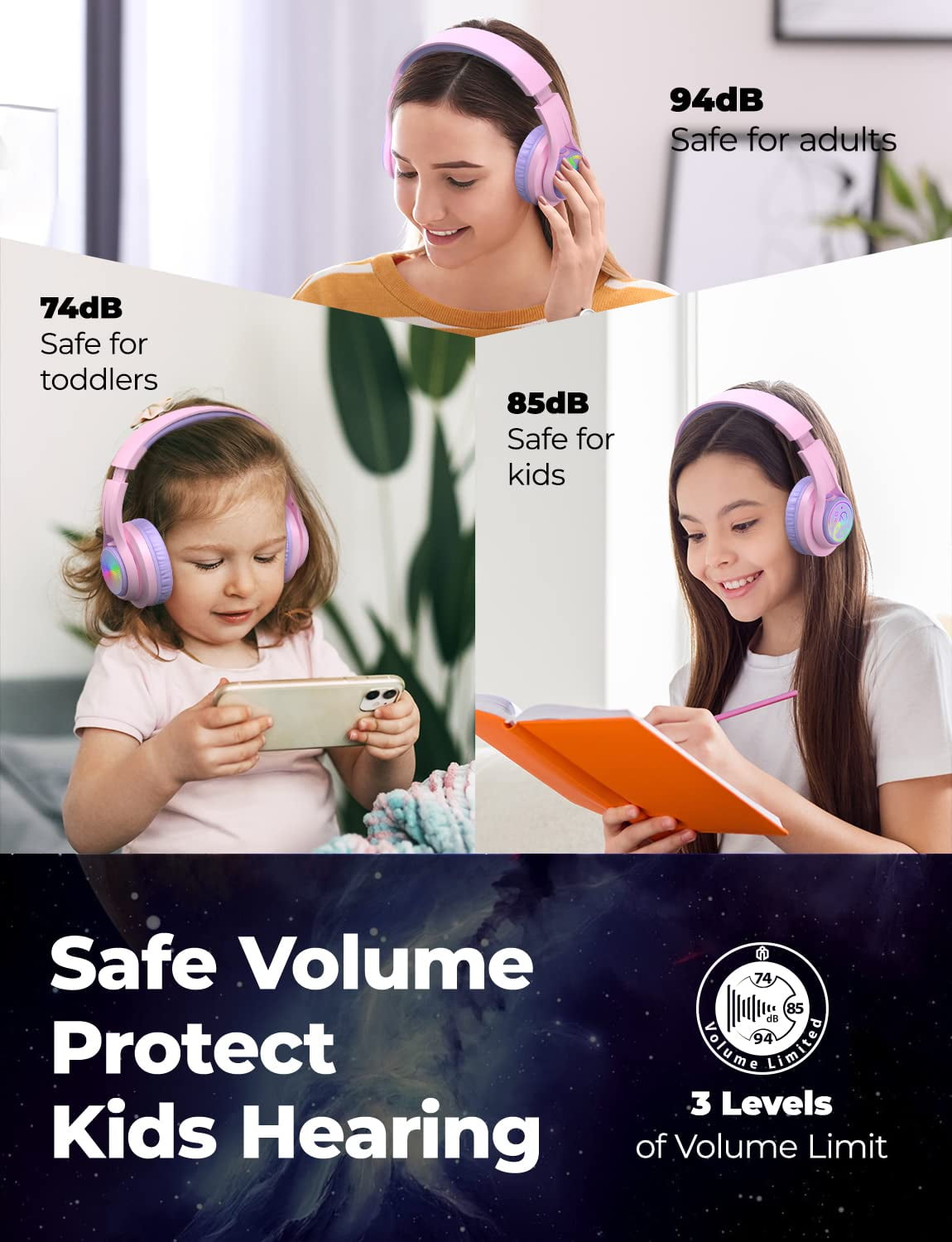 iClever TransNova キッズ Bluetoothヘッドフォン LEDライト付き 交換可能 プレート 74/85/94dB 音量制限 45 iClever TransNova Kids Bluetooth Headphones Light Up Replaceable