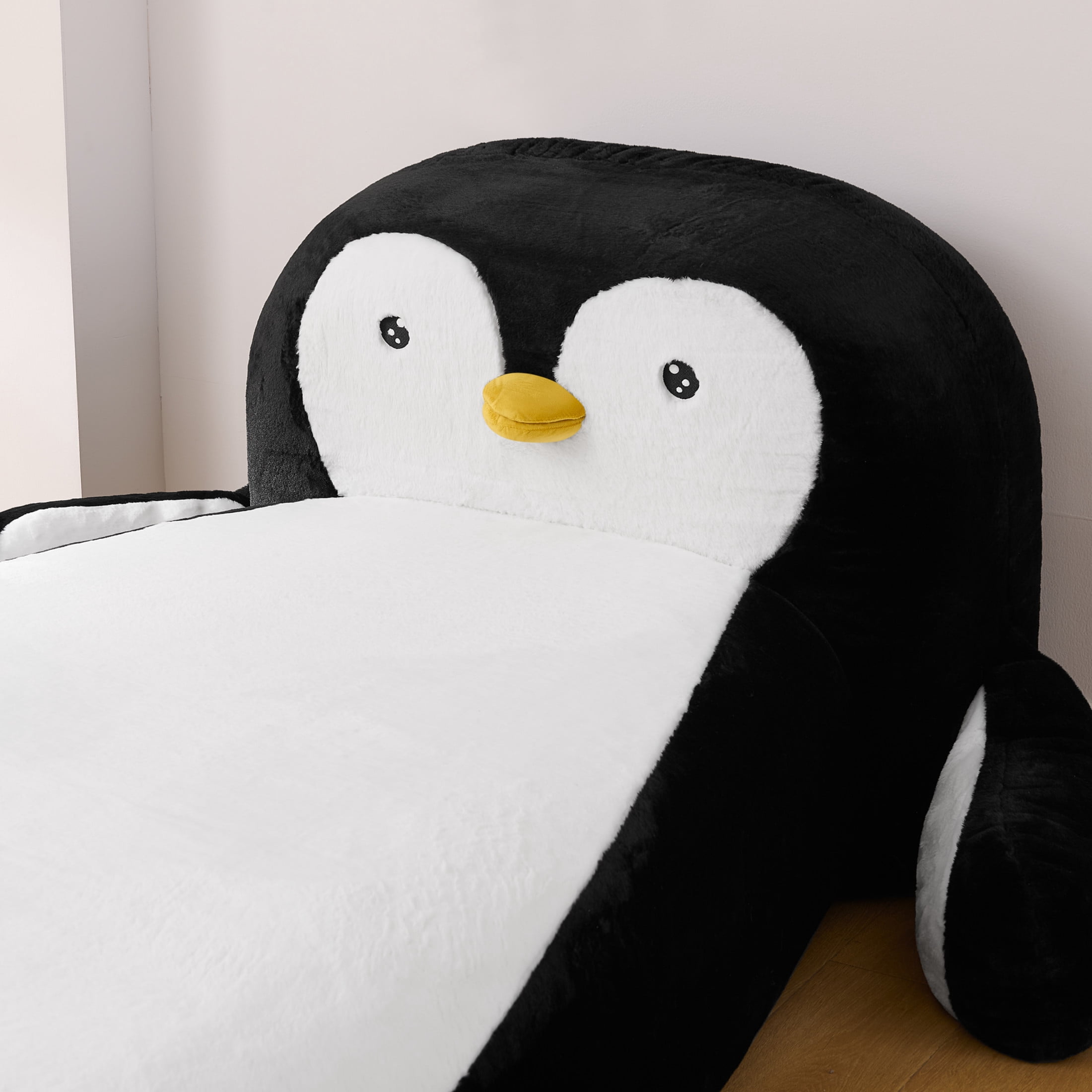Noble House Brento Twin Size Penguin Bed Lounger Chair, Fluffy Faux Fur Sleeper Sofa for Kids Playroom, Black & White