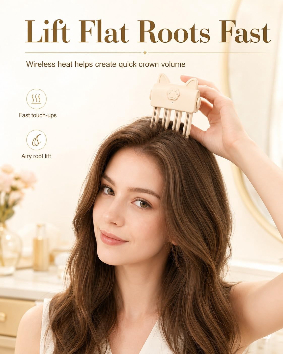 Wireless Heated Volumizing Root Lift Clip for Flat Fine Hair.Portable Travel Crown Lifting Volumizer Styling Tool Type-C Rechargeable Quick Volume Comb with 2 Heat Settings