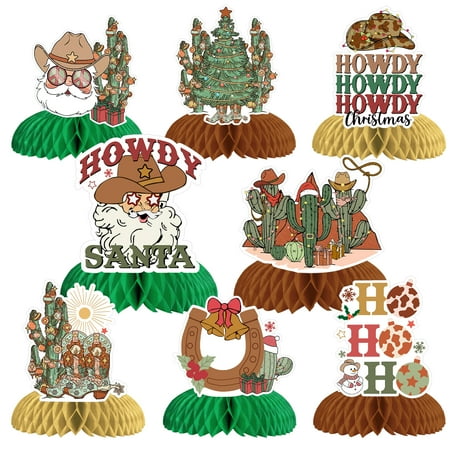 Christmas Western Cowboy Themed Honeycomb Centepieces Howdy Santa Table Toppers Centerpieces Christmas Tree Cactus Boots Hat Table Decorations for Table Wild West Christmas Holiday Xmas Party Supplies