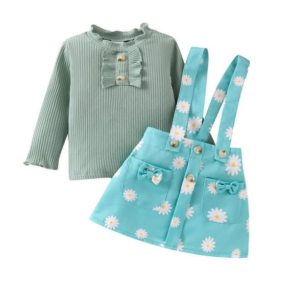 Odeerbi 6M-4Y Toddler Girls Cotton Outfits Rib Knit Long Sleeve Tops with Daisy Print Suspender Skirt Two-piece Set Solid Color Floral Skirt Set Toddler Girls Clothes