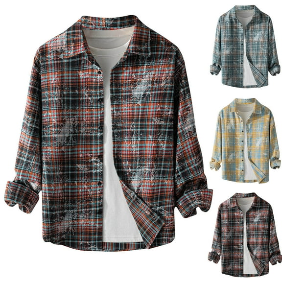 VBTAPA Mens Cotton Casual Button Down Shirts 2024 Trendy Tie Dye Plaid Shirt Rolled Up Long Sleeve Shacket Jacket Winter Savings Black XXL