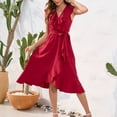 thumbnail image 2 of Hyknon Summer Dresses for Women New Fashion Ruffle Sleeve V Neck Temperament Midi Dresses with Belt Basic Solid Color Slit Flowy Beach Dresses, 2 of 5
