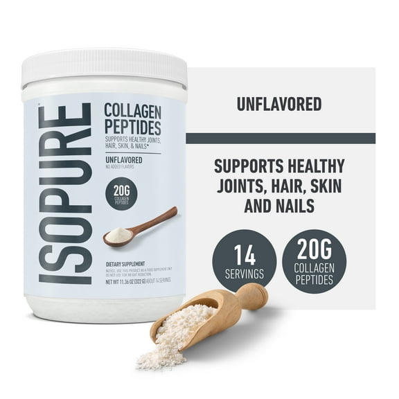 Isopure Collagen Peptides Powder, Promotes Hair, Nail, Skin and Joint Health, with Vitamin C and Biotin, Unflavored, 20g Collagen Peptides Per Serving, 11.36 Oz, 14 Servings (Packaging May Vary)