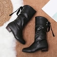 thumbnail image 4 of FRSASU Women's Faux Leather Slouch Mid‑Calf Boots Ruched Shaft Back Lace‑Up Tie Detail Round Toe Low Block Heel Pull‑On Casual Mid Boots Black, 4 of 6