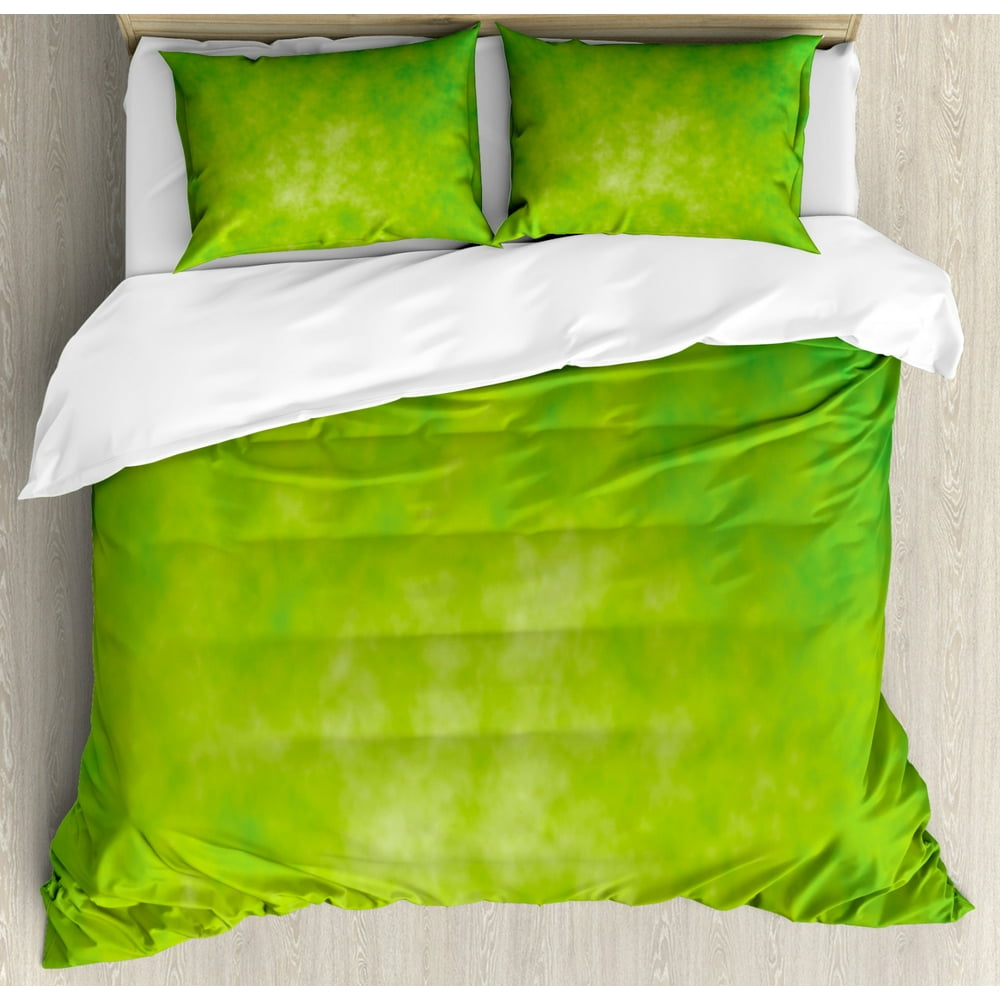 Lime Green Queen Size Duvet Cover Set, Cloudy Shade of Color Pastel