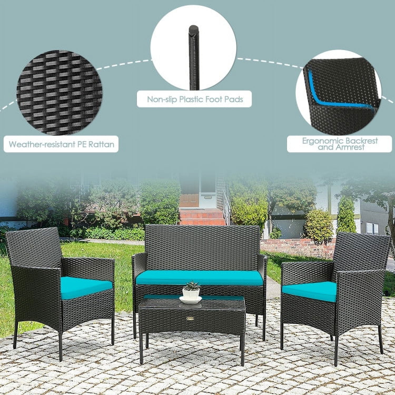 Aimee Lii 4 Pcs Patio Wicker Furniture Set, Cushioned Sofa Furniture, Small Patio Set, Turquoise Aimee Lii 4 Pcs Patio Wicker Furniture Set, Cushioned Sofa Furniture, Small Patio Set, Turquoise