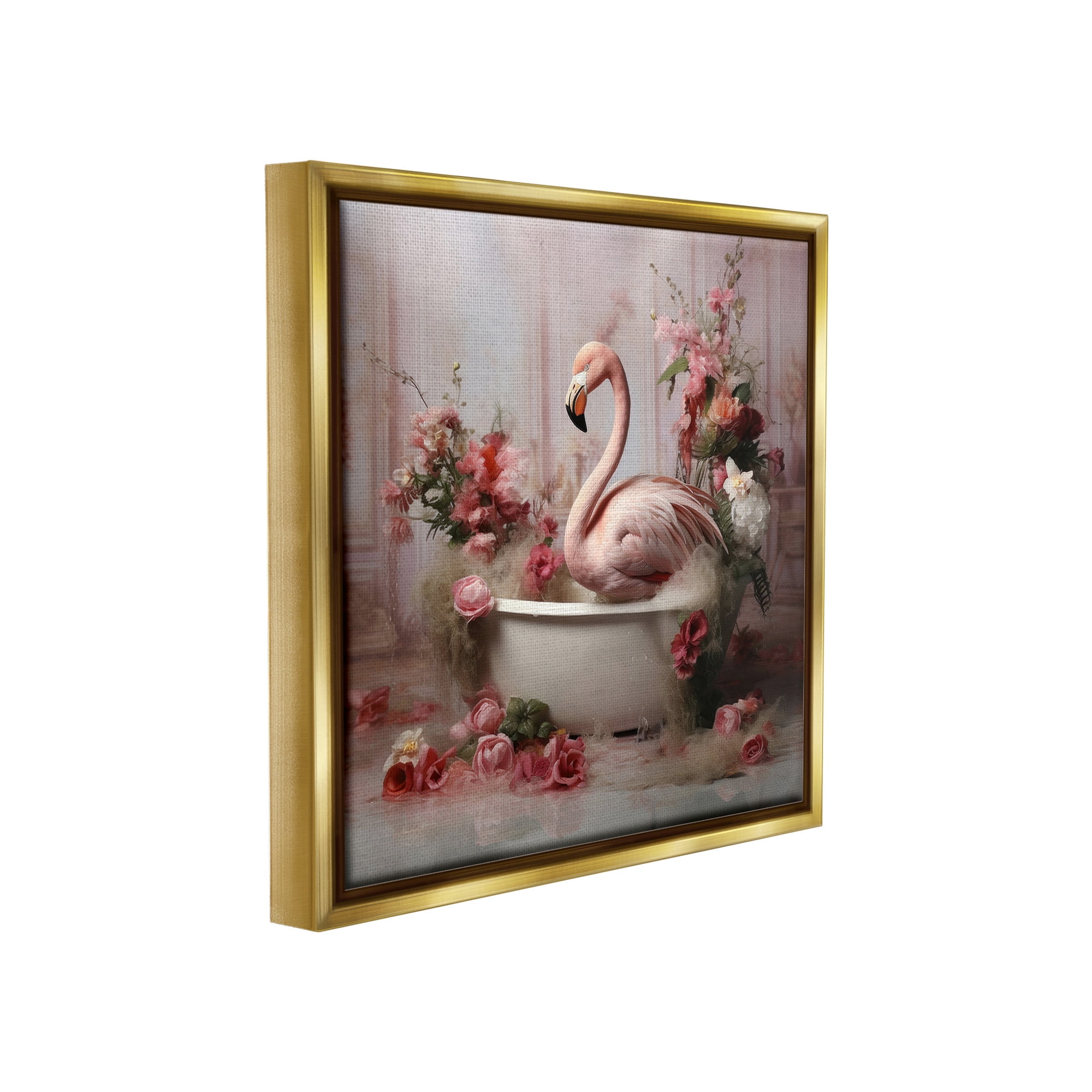 Stupell Industries Flamingo in Stately Bathroom Animals & Insects Painting Gold Floater Framed Canvas Art Print Wall Art, 18 x 18