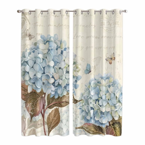 Kitchen Curtains 84 Inch Length 2 Panels, Blue Hydrangea Grommets Window Treatment Curtain, Spring Floral Leaves Butterfly Vintage Beige Thermal Curtains Drapes for Living Room/Bathroom