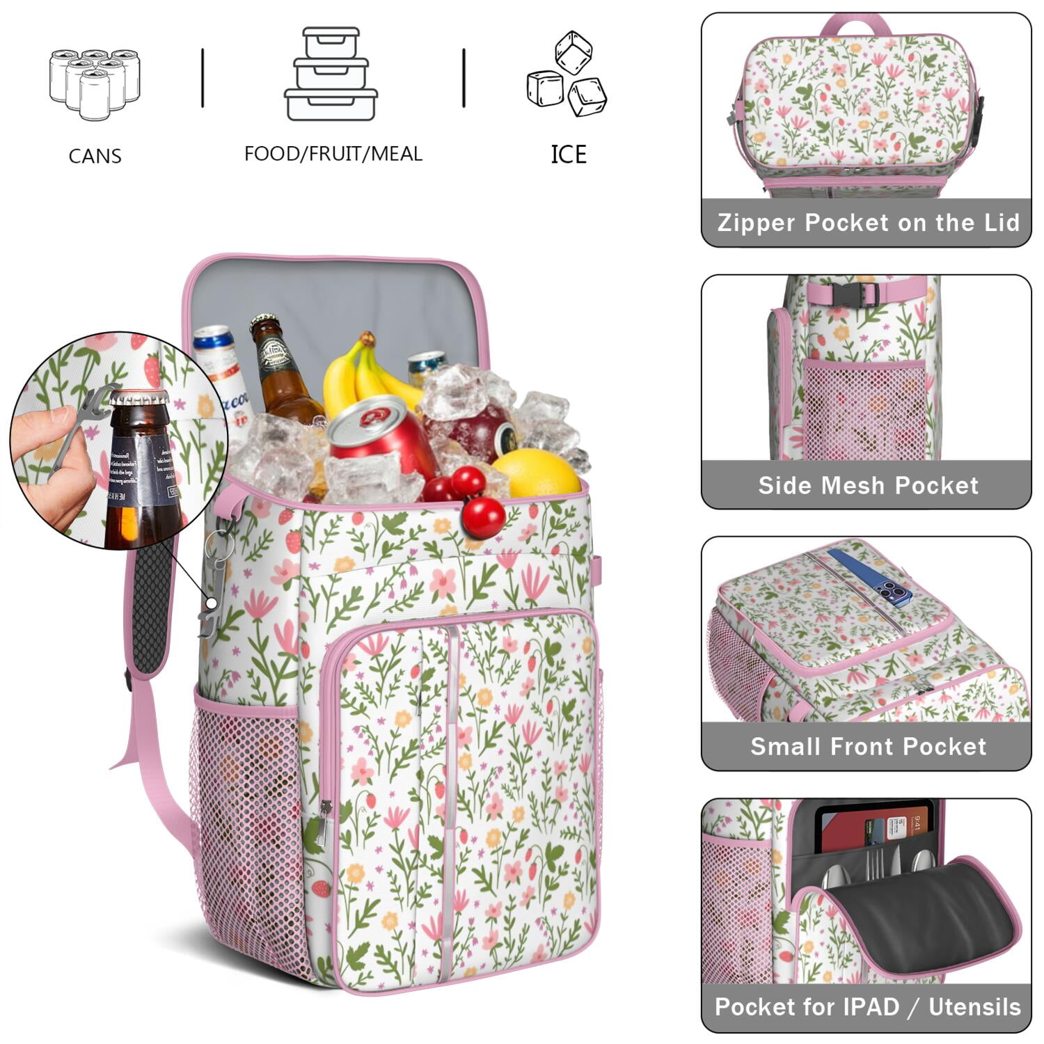 Travel Cooler Bag - Pioneer Flower Floral Print Pattern Camping Beer Cooler Backpack with Bottle Opener- Waterproof Insulated Picnic Backpacks - Cooler Bag for Beach