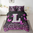 thumbnail image 3 of Feelyou Fashion Monogrammed L Twin Bedding Sets 7-Piece, Bling Butterfly Animal Bedding Comforter Set, Black Pink Sequin Print Reversible Sheet Sets, Luxury Bedroom Decor, 3 of 8