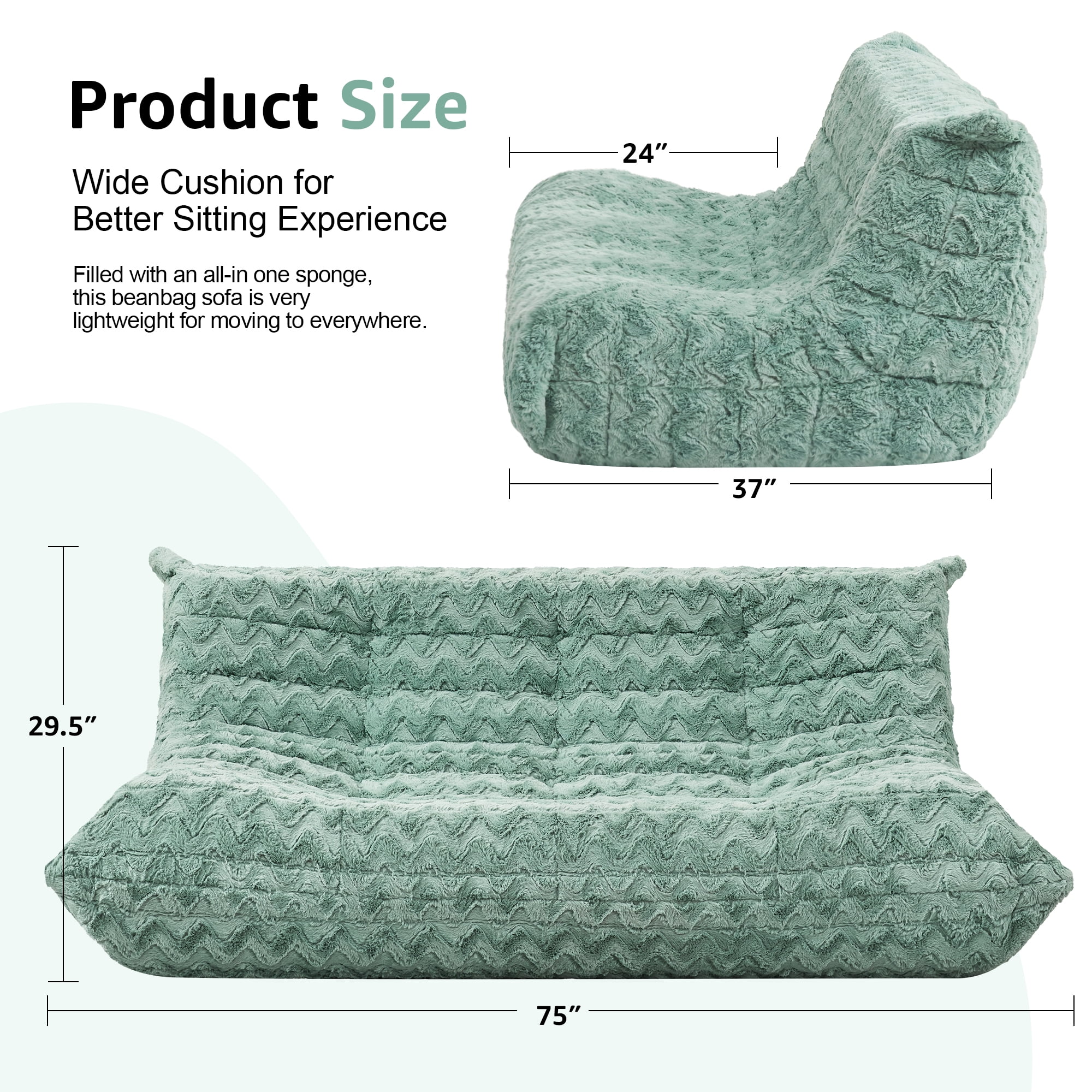 Bean Bag Chairs for Adults Giant Bean Bag Chair Memory Foam BeanBag Chair Bean Bag Sofa with Filler Faux Fur Fireside Beanbags Lazy Sofa for Living Room Bedroom Office (Green Chevron, 3-Seater)
