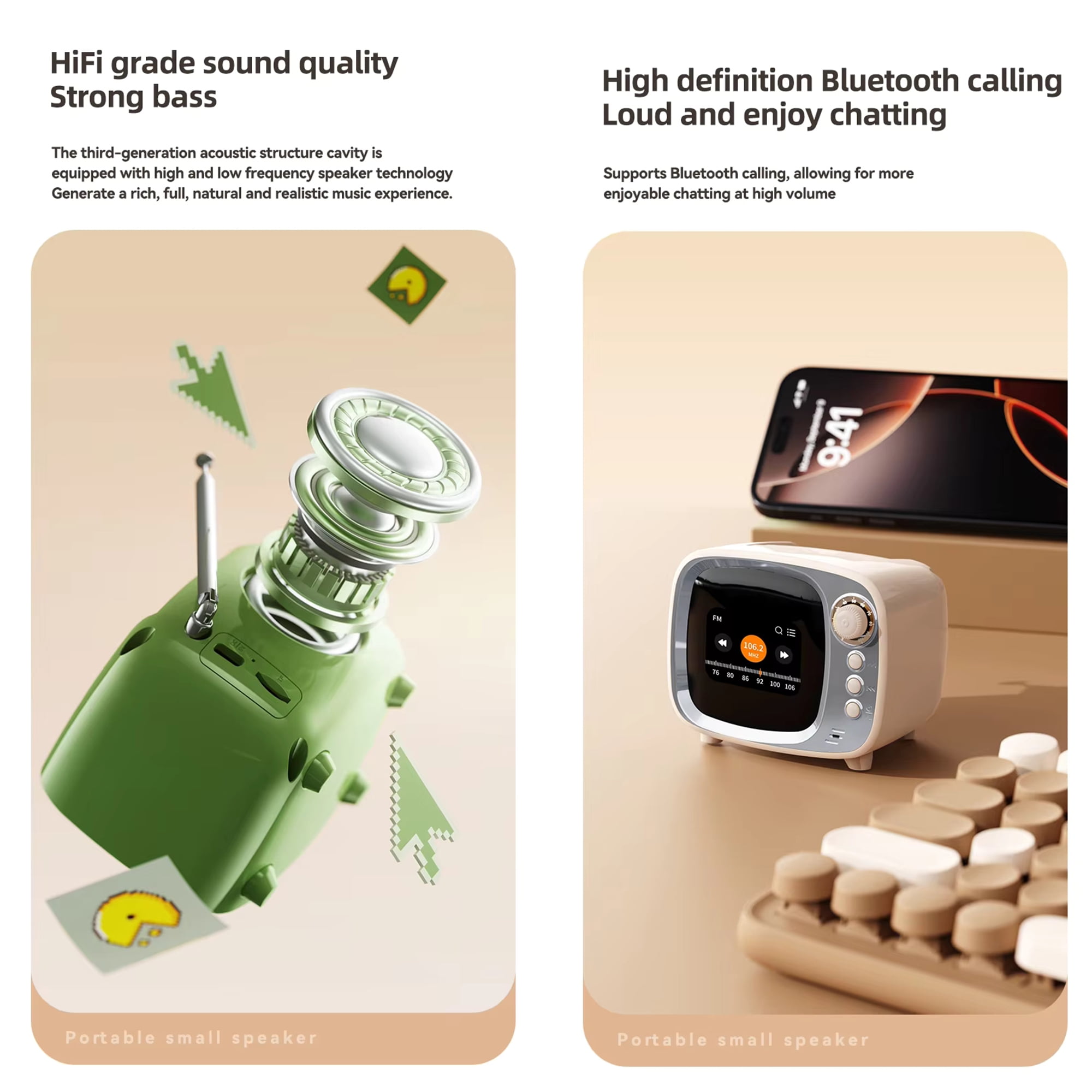 FM Radio Bluetooth Speaker with Alarm Clock, Rechargeable Retro Mini Wireless Speaker, LCD Touch Screen Display, Support TF Card, Vintage Decor Perfect for Party,Office,Home,Bedroom,Kitchen,Outdoor