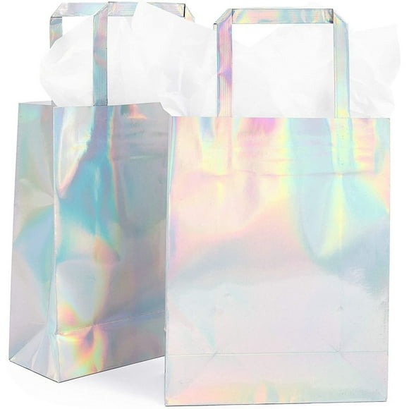 20 Packs Holographic Foil Paper Gift Bags with Handles Tissue Papers for Birthday Wedding Bridal and Baby Shower Graduation, Silver, 7 x 9 x 3 inches