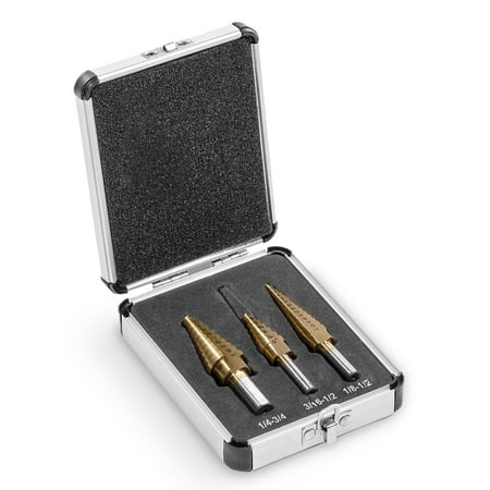 

XtremepowerUS Pro-Series 3pcsTitanium Step Drill Bits Set 3/16 to 1/2 1/4 to 3/4 1/8 to 1/2 - SAE W/ Storage Case