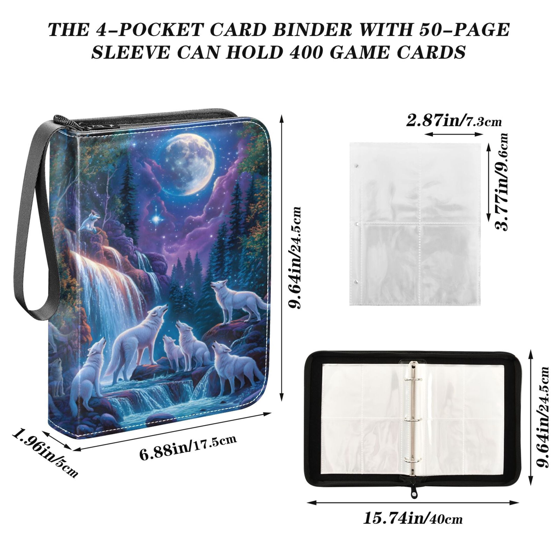 Trading Card Binder Album 400 Pockets 50 Removable 4-Pocket Pages Waterproof White Wolf and Waterfall Moon