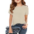 thumbnail image 2 of CCRFTGI Shirts for Kids Girls 10-12 Short Sleeve Casual Ribbed T-Shirts Trendy 2026 Summer Shirts Basic Crewneck Girls Clothes Beige 11-12 Years, 2 of 4