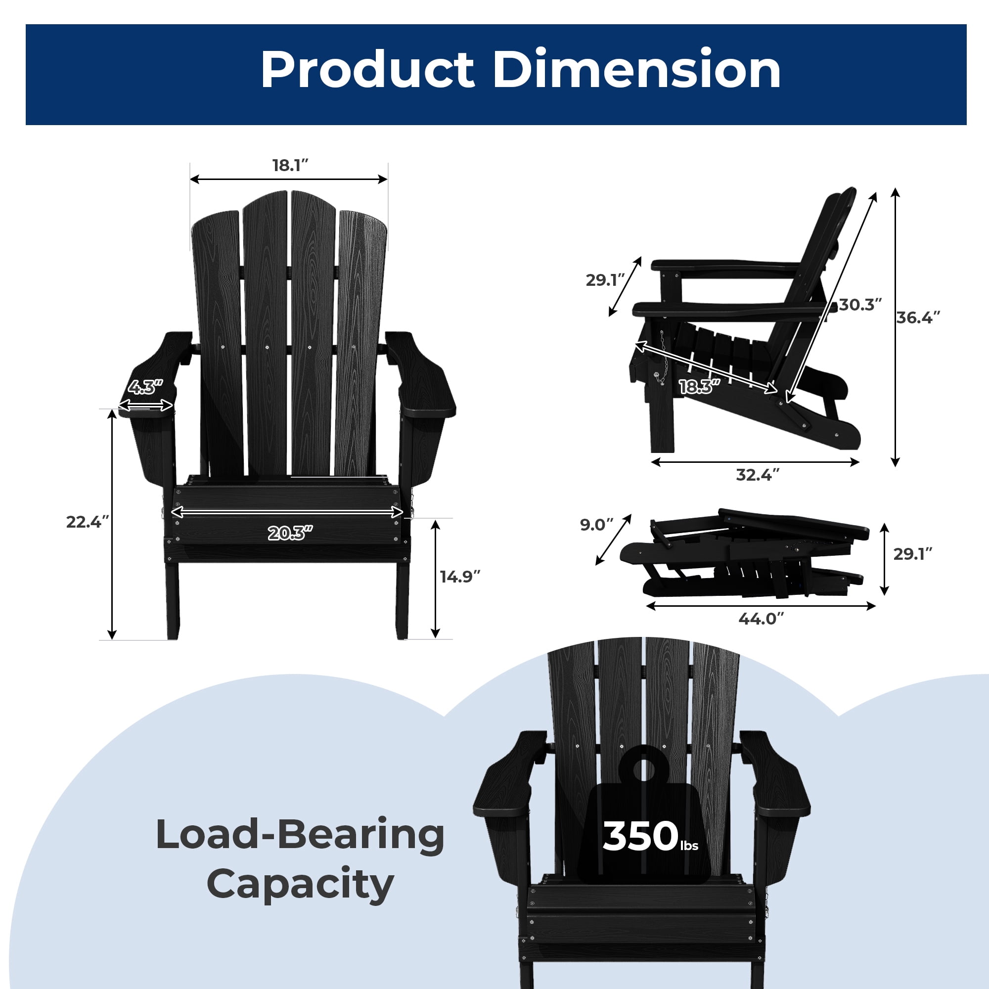 FUNDAZE HDPE Adirondack Chair, Foldable Weather-resistant Outdoor Chair for Patio, Poolside, Garden, Yard, Black