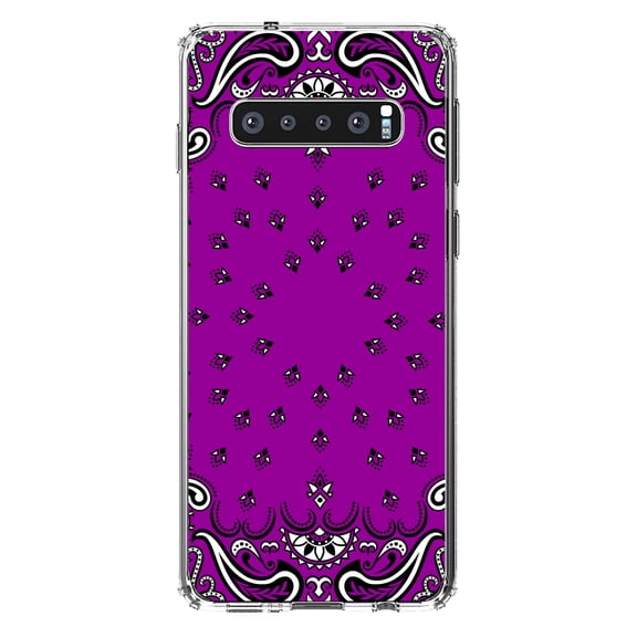 DistinctInk Clear Shockproof Hybrid Case for Samsung Galaxy S10  PLUS(6.4" Screen) - TPU Bumper, Acrylic Back, Tempered Glass Screen Protector - Bandana Print - Purple,Black, White
